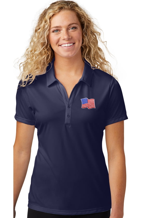 Womens Waving US Flag Patch Polo Shirt, Medium True Navy
