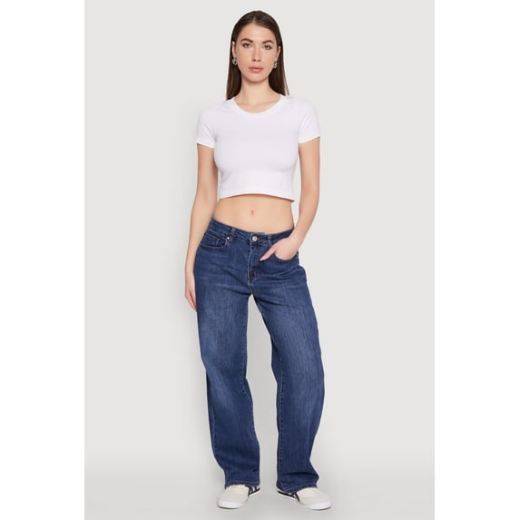 Womens WAX Mid Rise Whiskered Straight Leg Jeans