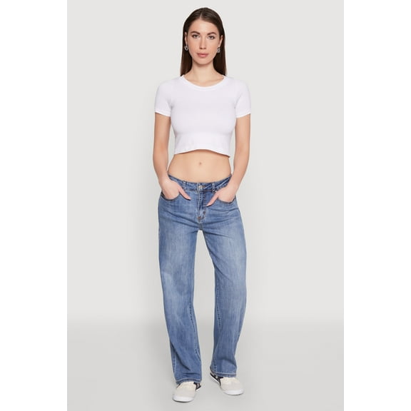 Womens WAX Mid Rise Whiskered Straight Leg Jeans