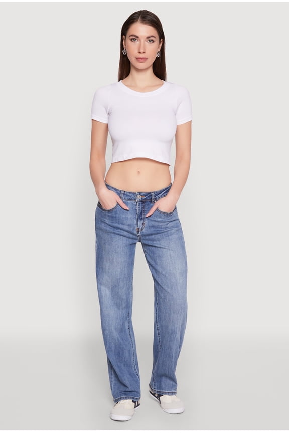 Womens WAX Mid Rise Whiskered Straight Leg Jeans