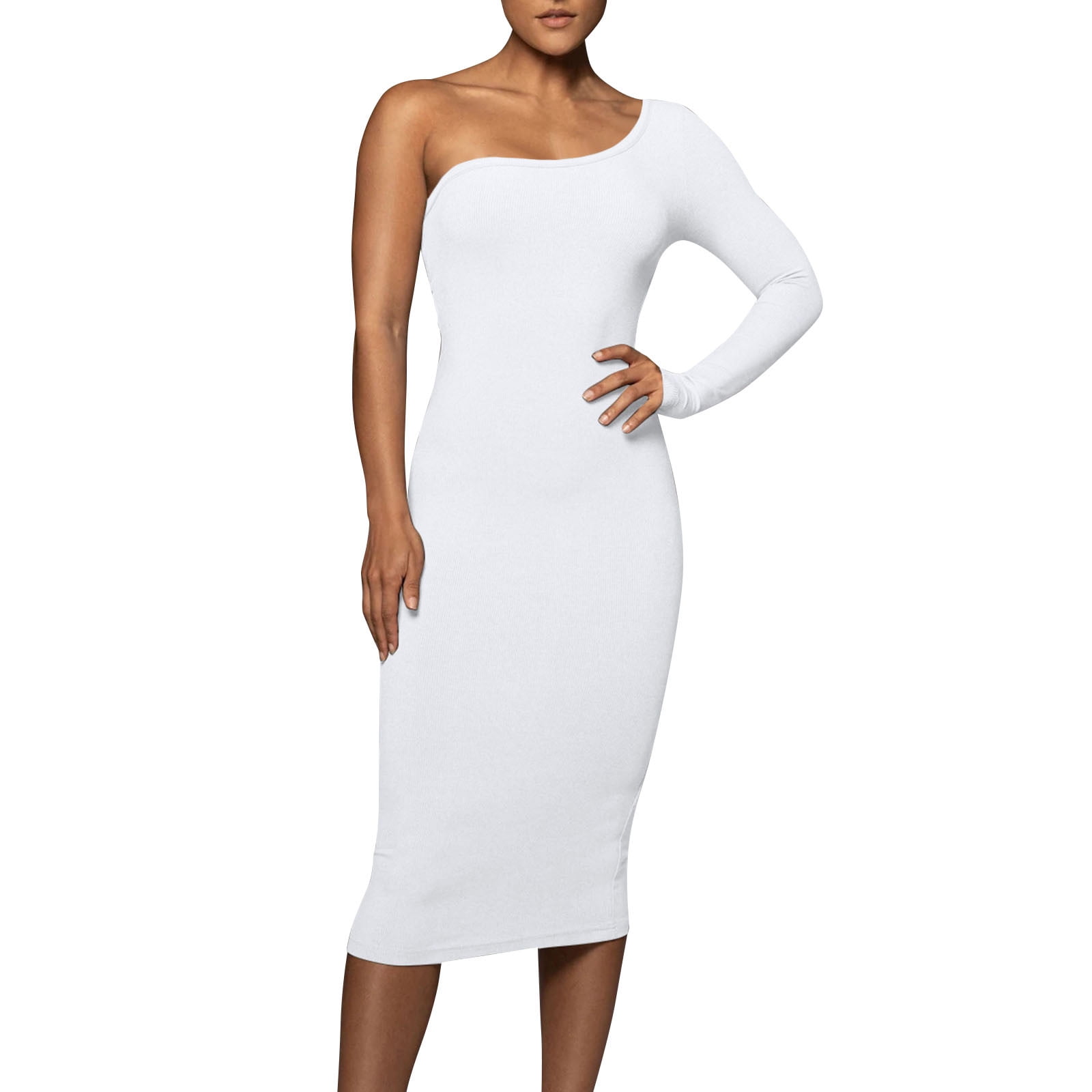 Womens Wedding Dresses One Shoulder Pleated Long Sleeve Slim Wrap Party