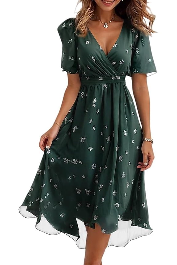 Womens Wedding Guest Dresses Boho Floral Chiffon Dressy Elegant V Neck Belted A Line Prom Cocktail Midi Dress