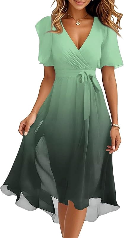 Womens Wedding Guest Dresses Boho Floral Chiffon Dressy Elegant V Neck  Belted A Line Prom Cocktail Midi Dress - Walmart.com