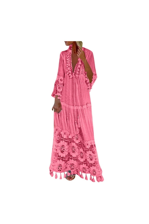 Womens Wedding Guest Dresses Plus Size Fashion Casual Bohemian Large Size V-Neck Solid Color Lace Tassel Long Dress
