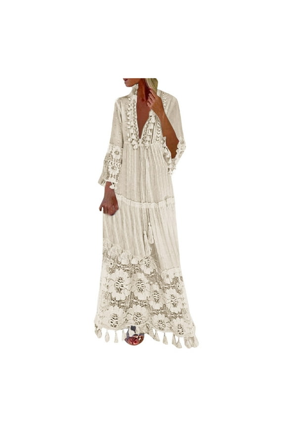 Womens Wedding Guest Dresses Plus Size Fashion Casual Bohemian Large Size V-Neck Solid Color Lace Tassel Long Dress