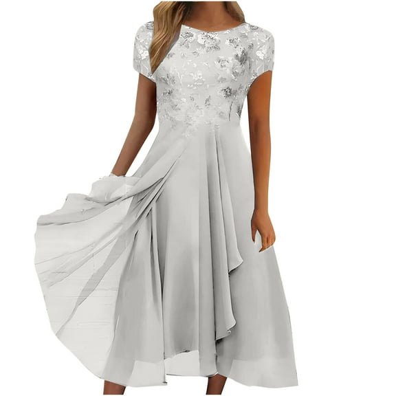 Womens Wedding Guest Dresses Plus Size Sexy Solid Short Sleeve Round Neck Lace Chiffon Mesh Waist Party Dresses