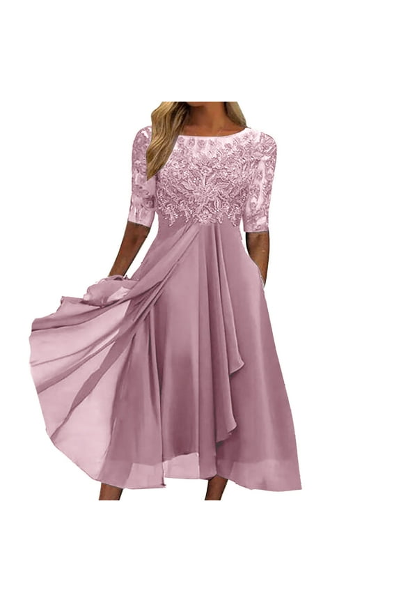 Womens Wedding Guest Dresses Plus Size Sexy Solid Short Sleeve Round Neck Lace Chiffon Mesh Waist Party Dresses