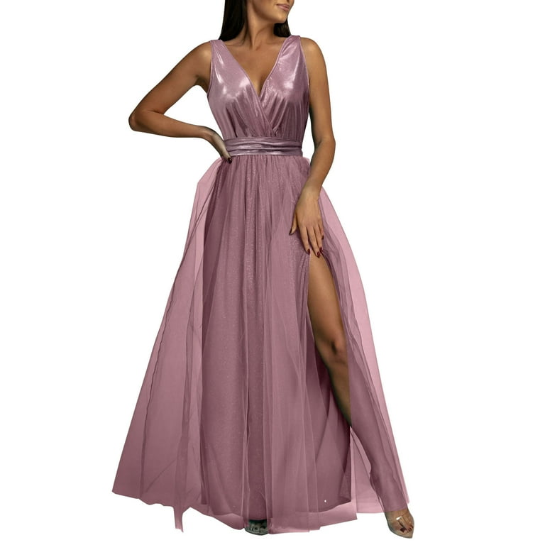 Womens Wedding Guest Dresses Short Sleeve Summer Solid Color Tulle Prom Sweetheart Long Formal Evening Gown With Slit Dress Rose Gold L