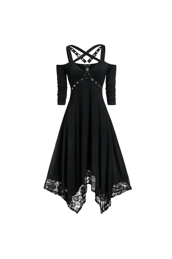 Womens Wedding Guest Dresses Women Halloween Plus Size Open Shoulder Lace Half Sleeve Gothic Dress