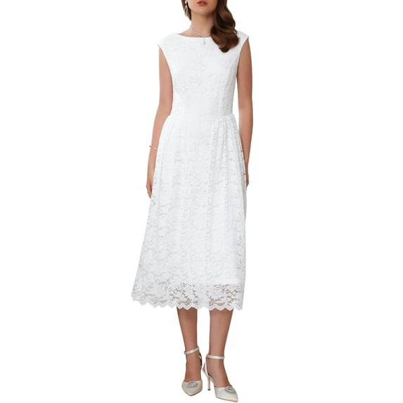 INSPIRE CHIC Women's Lace Dress Boat Neck Cap Sleeve Cutout Back Midi Dress White L