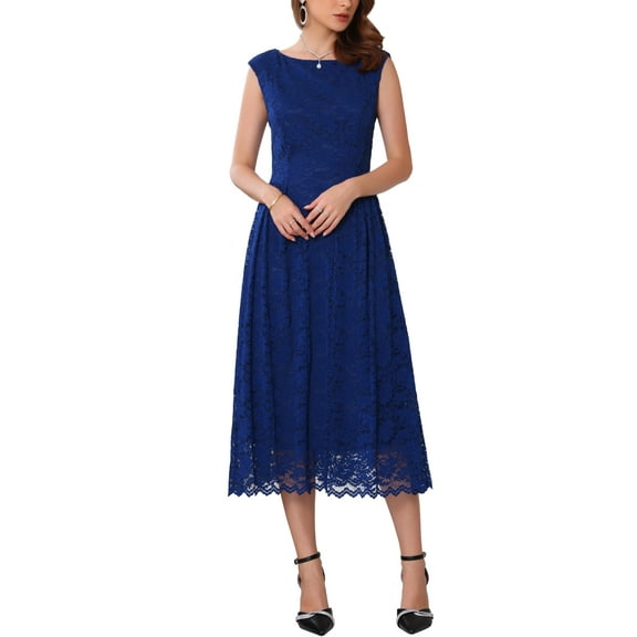 INSPIRE CHIC Womens' Wedding Guest Lace Dress 2025 Boat Neck Vintage Formal Cocktail Midi Dresses S Dark Blue