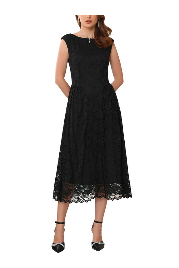 Womens' Wedding Guest Lace Dress 2025 Boat Neck Vintage Formal Cocktail Midi Dresses XL Black