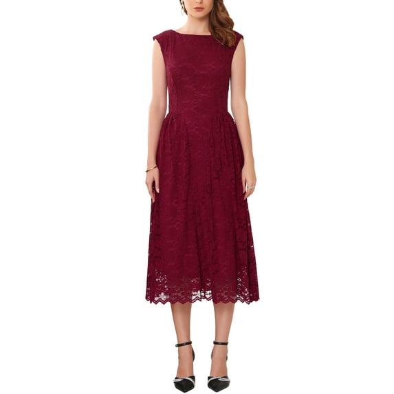 INSPIRE CHIC Womens' Wedding Guest Lace Dress 2025 Boat Neck Vintage Formal Cocktail Midi Dresses XL Red