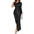 thumbnail image 1 of Womens Wedding Guest Maxi Dress Fall One Shoulder Sleeve Satin Bodycon High Split Cocktail Formal Prom Dresses Black S, 1 of 8