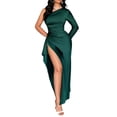 thumbnail image 1 of Womens Wedding Guest Maxi Dress Fall One Shoulder Sleeve Satin Bodycon High Split Cocktail Formal Prom Dresses Dark Green M, 1 of 7