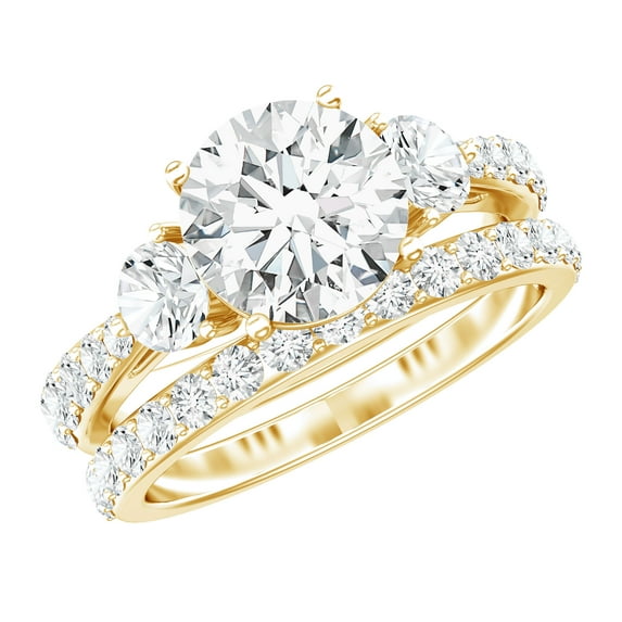 Rosec Jewels Certified Moissanite Wedding Ring Set of 2 - Three Stone Engagement Ring with Wedding Band - D-VS1 Quality, 14K Yellow Gold, US 6.00