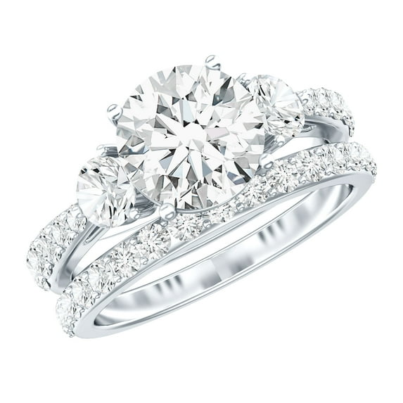 Rosec Jewels Certified Moissanite Wedding Ring Set of 2 - Three Stone Engagement Ring with Wedding Band - D-VS1 Quality, 925 Sterling Silver, US 4.00