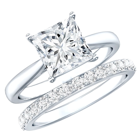 Rosec Jewels Certified Moissanite Wedding Ring Set of 2 (D-VS1 Quality, 8 mm) - 4 Carat Princess Cut Engagement Ring with Band, 10K White Gold, US 7.50