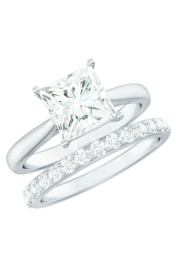 Certified Moissanite Wedding Ring Set of 2 (D-VS1 Quality, 8 mm) - 4 Carat Princess Cut Engagement Ring with Band, 14K White Gold, US 6.00
