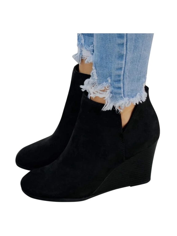 Womens Wedge Booties Closed Toe V Cutout Ankle Boots with Zipper Vintage Boots Stacked Wedge Heel Dressy Shoes