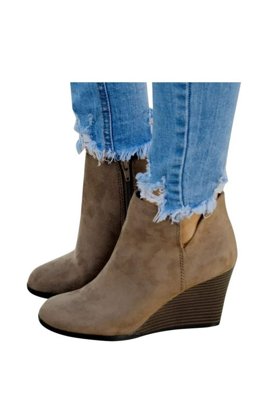 Womens Wedge Booties Closed Toe V Cutout Ankle Boots with Zipper Vintage Boots Stacked Wedge Heel Dressy Shoes