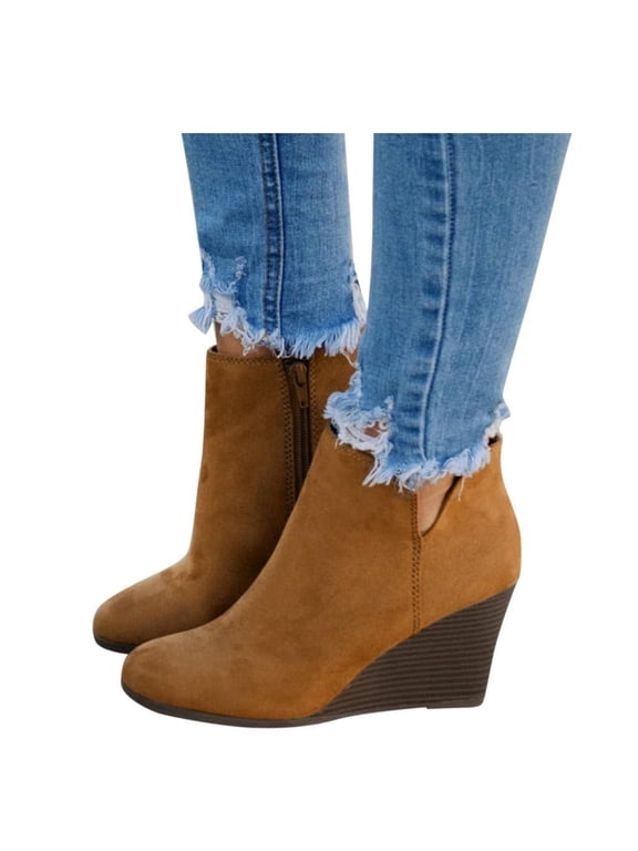 Womens Wedge Booties Closed Toe V Cutout Ankle Boots with Zipper Vintage Boots Stacked Wedge Heel Dressy Shoes