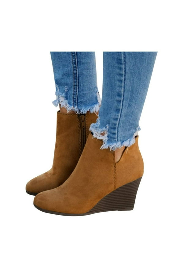 Womens Wedge Booties Closed Toe V Cutout Ankle Boots with Zipper Vintage Boots Stacked Wedge Heel Dressy Shoes