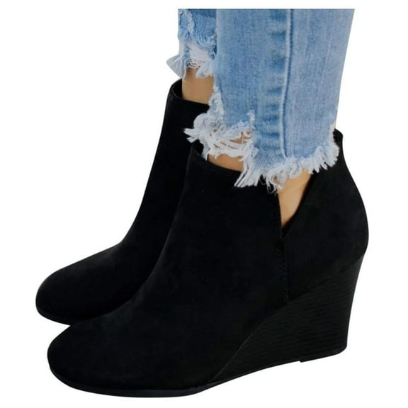Womens Wedge Booties Closed Toe V Cutout Ankle Boots with Zipper Vintage Boots Stacked Wedge Heel Dressy Shoes