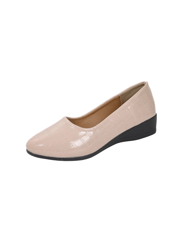 Womens Wedge Flats Slip On | Crocodile Embossed Vegan Faux Leather | Comfort Work & Casual Shoes | Nude Khaki Beige,Size 7