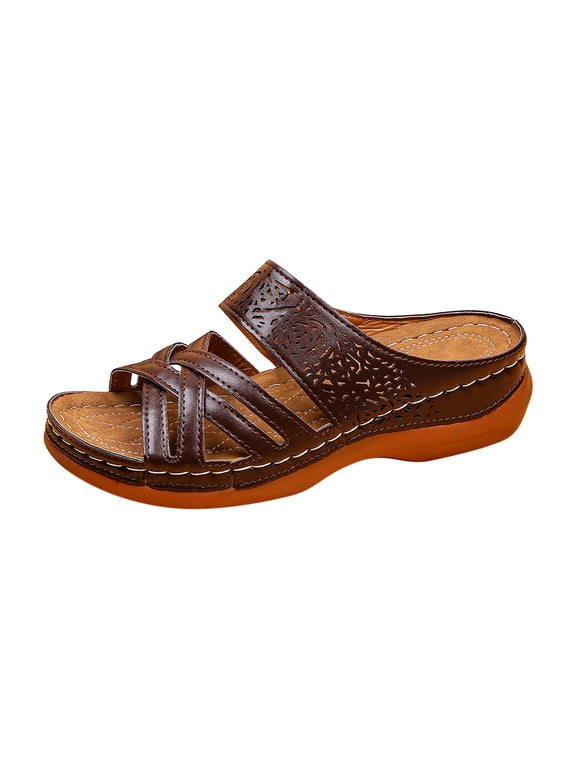 Womens Wedge Flip Flops Sandals with Arch Support Summer Comfortable Platform Bohemia Flat Shoes Massage Function Casual Cross Sandal