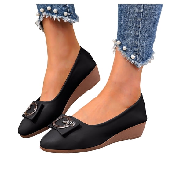 Womens Wedge Heel Pumps Shoes Fashion Buckle Round Toe Leather Slip on Dress Shoes Casual Soft Leather Loafers Black Size 8.5