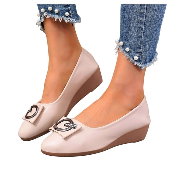 Womens Wedge Heel Pumps Shoes Fashion Buckle Round Toe Leather Slip on Dress Shoes Casual Soft Leather Loafers White Size 8