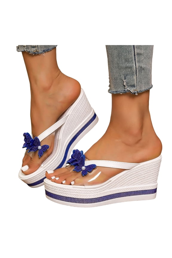 Womens Wedge Heeled Sandals Platform Flip Flops Rhinestone Butterfly Platform Slides Slip on Comfortable Summer Beach Walking Shoes Blue Size 6