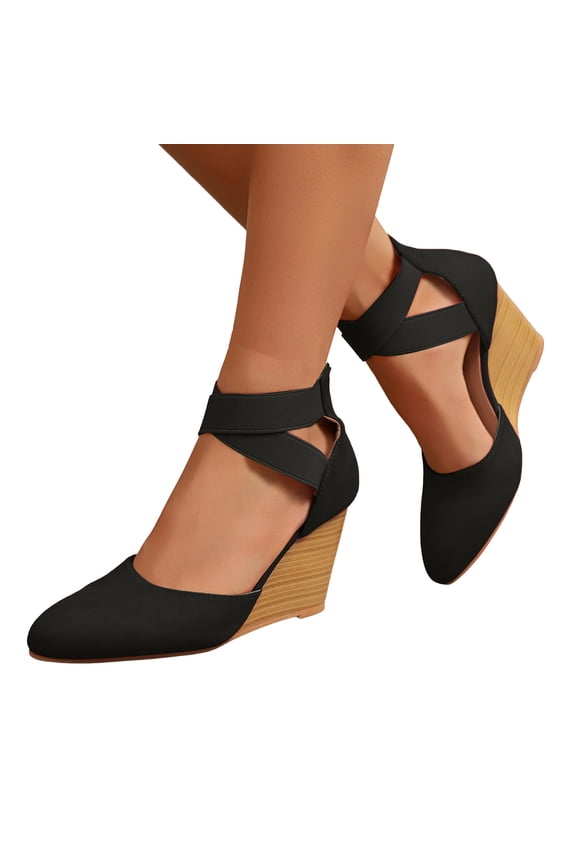 Womens Wedge Heels Pointed Closed Toe Sandals Cork High Heeled Dress Shoes Elastic Ankle Strap Slip on Summer Pumps Black Size 9