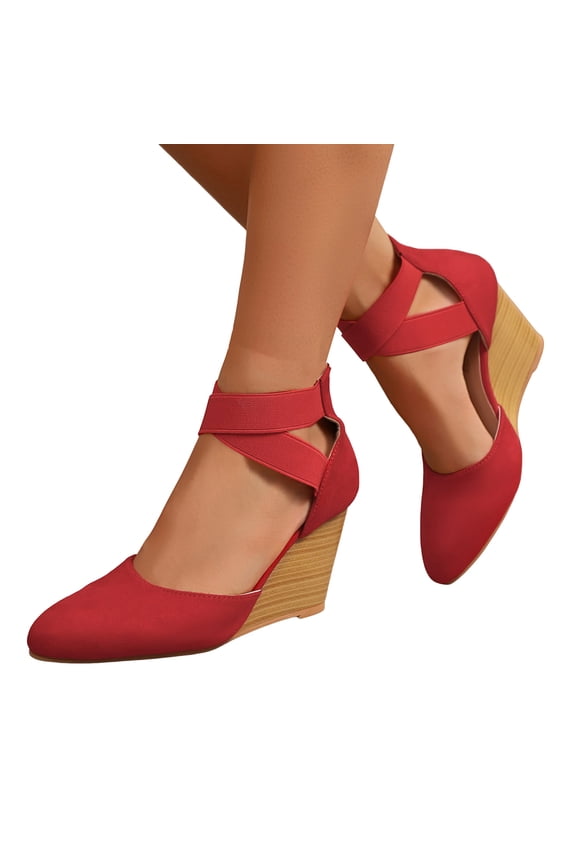 Womens Wedge Heels Pointed Closed Toe Sandals Cork High Heeled Dress Shoes Elastic Ankle Strap Slip on Summer Pumps Red Size 6