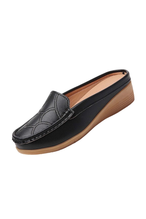 Womens Wedge Mules Slip On Loafers Comfortable Memory Foam PU Faux Leather Non-Slip Work Casual Shoes Black,Size 5.5
