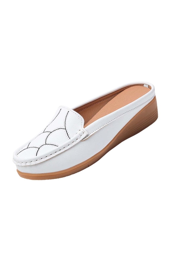 Womens Wedge Mules Slip On Loafers Comfortable Memory Foam PU Faux Leather White Non-Slip Casual Shoes,Size 6