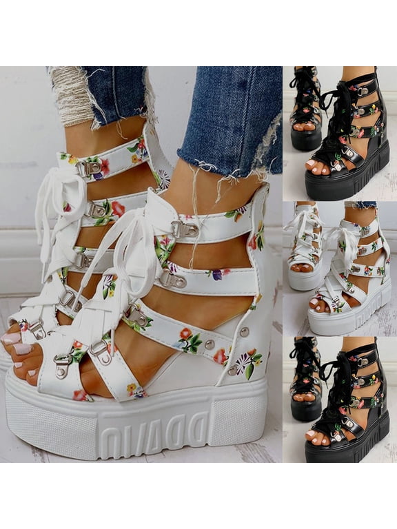 Womens Wedge Platform Sandals Gladiator Peep Toe Chunky Floral High Hidden Heels Cut out Zipper Caged Summer Bootie Black Size 8.5