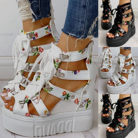 Womens Wedge Platform Sandals Gladiator Peep Toe Chunky Floral High Hidden Heels Cut out Zipper Caged Summer Bootie White Size 7.5