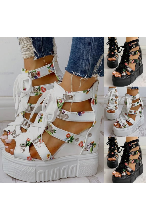 Womens Wedge Platform Sandals Gladiator Peep Toe Chunky Floral High Hidden Heels Cut out Zipper Caged Summer Bootie White Size 7
