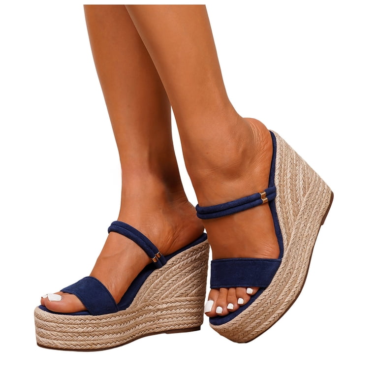 navy blue wedge dress shoes Coutgo Womens Suede Heels Navy / 10 / Slip-on cushioned insole Navy blue espadrille wedge sandals