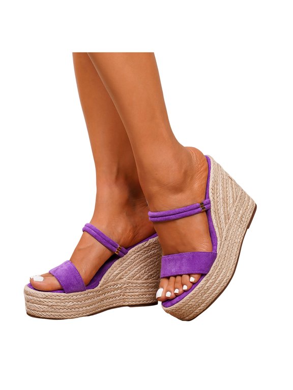 Womens Wedge Platform Slide Sandals Espadrilles Retro Suede Slip On Summer Slippers Open Toe Wide Width Heeled Dress Shoes Purple Size 7