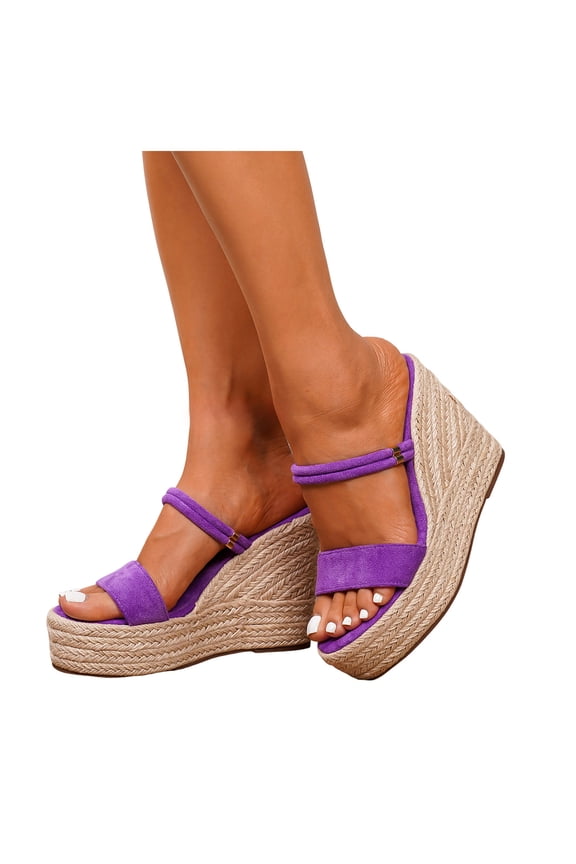 Womens Wedge Platform Slide Sandals Espadrilles Retro Suede Slip On Summer Slippers Open Toe Wide Width Heeled Dress Shoes Purple Size 9.5