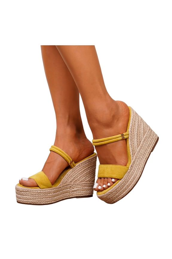 Womens Wedge Platform Slide Sandals Espadrilles Retro Suede Slip On Summer Slippers Open Toe Wide Width Heeled Dress Shoes Yellow Size 8