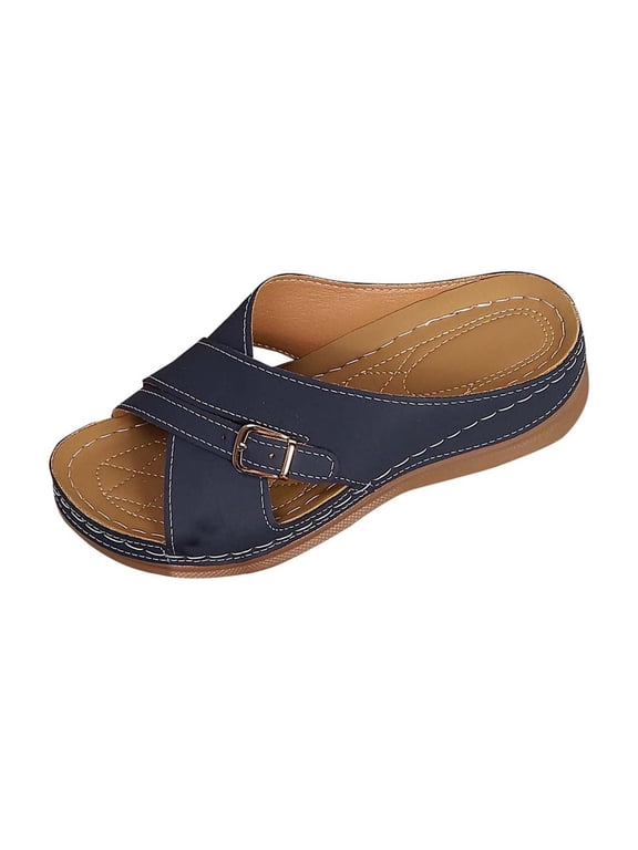 Womens Wedge Platform Slip On Slides Sandals Cutouts Buckle Straps Soft Sole Comfortable Arc Support Casual Sandals Dark Blue Women Sandal
