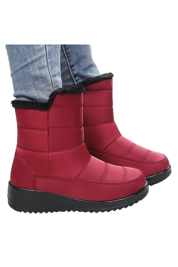 Womens Wedge Platform Snow Boots Warm Furry Lined Slip On Mid Calf Booties Comfortable Non Slip Walking Shoes Red Size 7