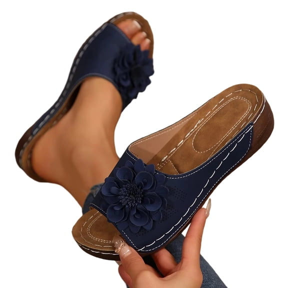 Womens Wedge Sandals 2026 Flower Summer Dressy Flat Open Toe Platform Shoes Casual Boho Slip on Beach Walking Sandals (Blue,37)