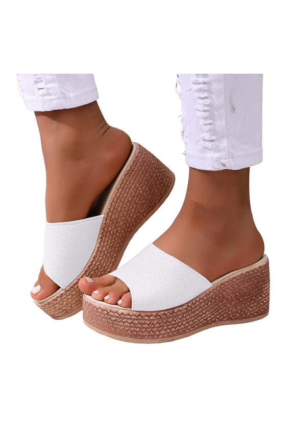 Womens Wedge Sandals Chunky Platform High Heels Open Toe Slip on Slides Casual Dressy Summer Beach Shoes White Size 8