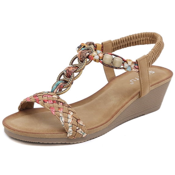 Womens Wedge Sandals Elastic Ankle Strap Slip-On Platform Sandals Summer Flower Rhinestone Dress Shoes
