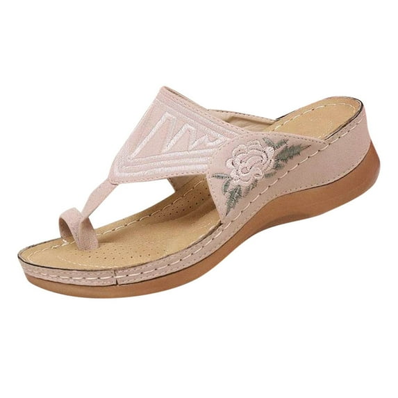 Womens Wedge Sandals Flower Embroidered Vintage Sandals Toe Ring Slip On Sandals Comfort Platform Walking Shoes